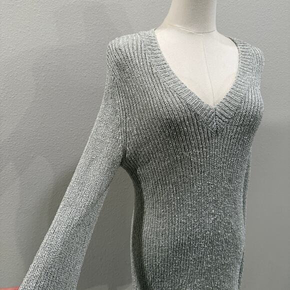 Chico’s Gray Heavyweight V Neck Sweater Size 2 Large Drapey Cozy Rib Knit Winter - Picture 5 of 8